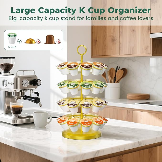 EsLuker.ly K Cup Holder Coffee Pod Organizer Carousel for Counter, Metal Storage Rack Stand for Kitchen, Rotatable 4 Tier Pod Tower Tree for 40 K Cups, Space Saving Meets Elegance, Gold