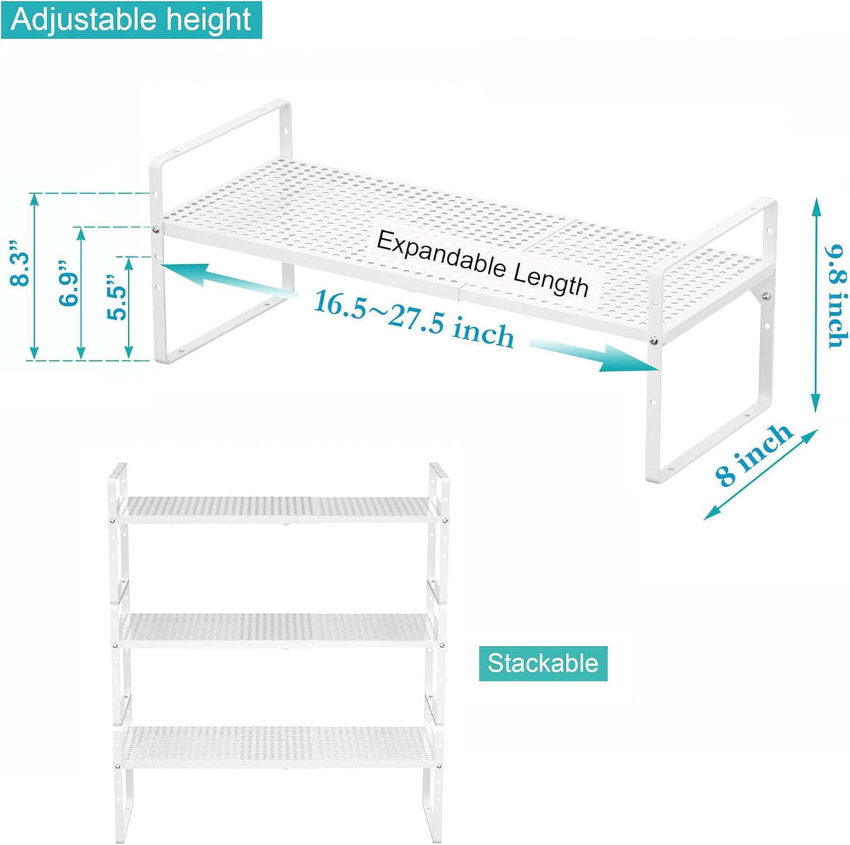 iPEGTOP Expandable Cabinet Storage Shelf Organizer Rack, Heavy Duty Stackable Steel Metal Spice Rack Adjustable Height Pantry Garage Shelf for Counter Kitchen Organization, White - 1 Pack
