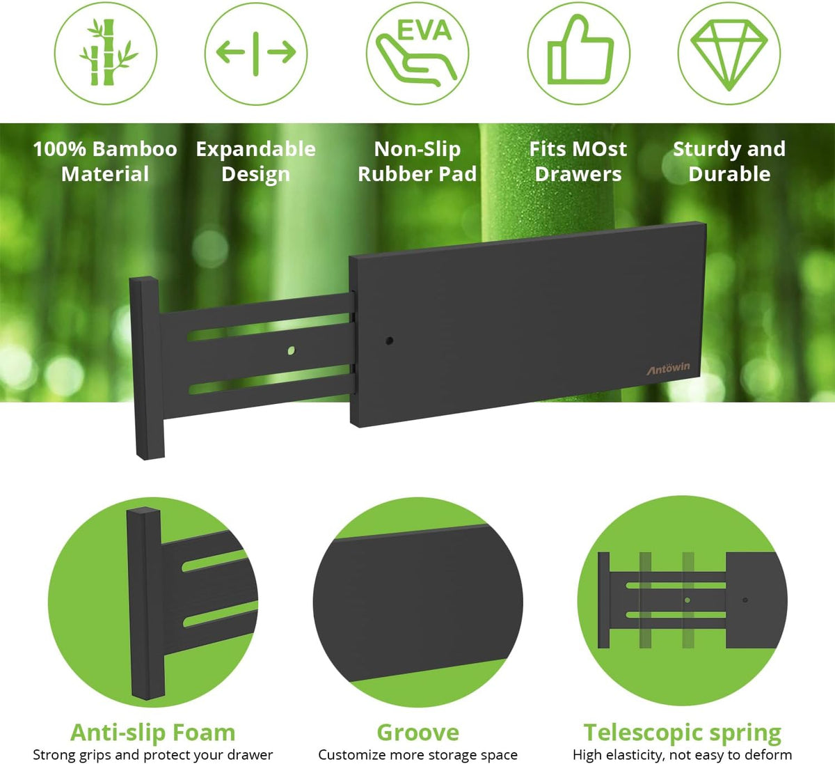 ANTOWIN 4 Pack Expandable Drawer Dividers, 4.7'' High, Extend from 12.2'' to 17.7'', Dresser Drawer Organizers, Bamboo Separators for Kitchen, Bedroom, Office, Bathroom (Black)