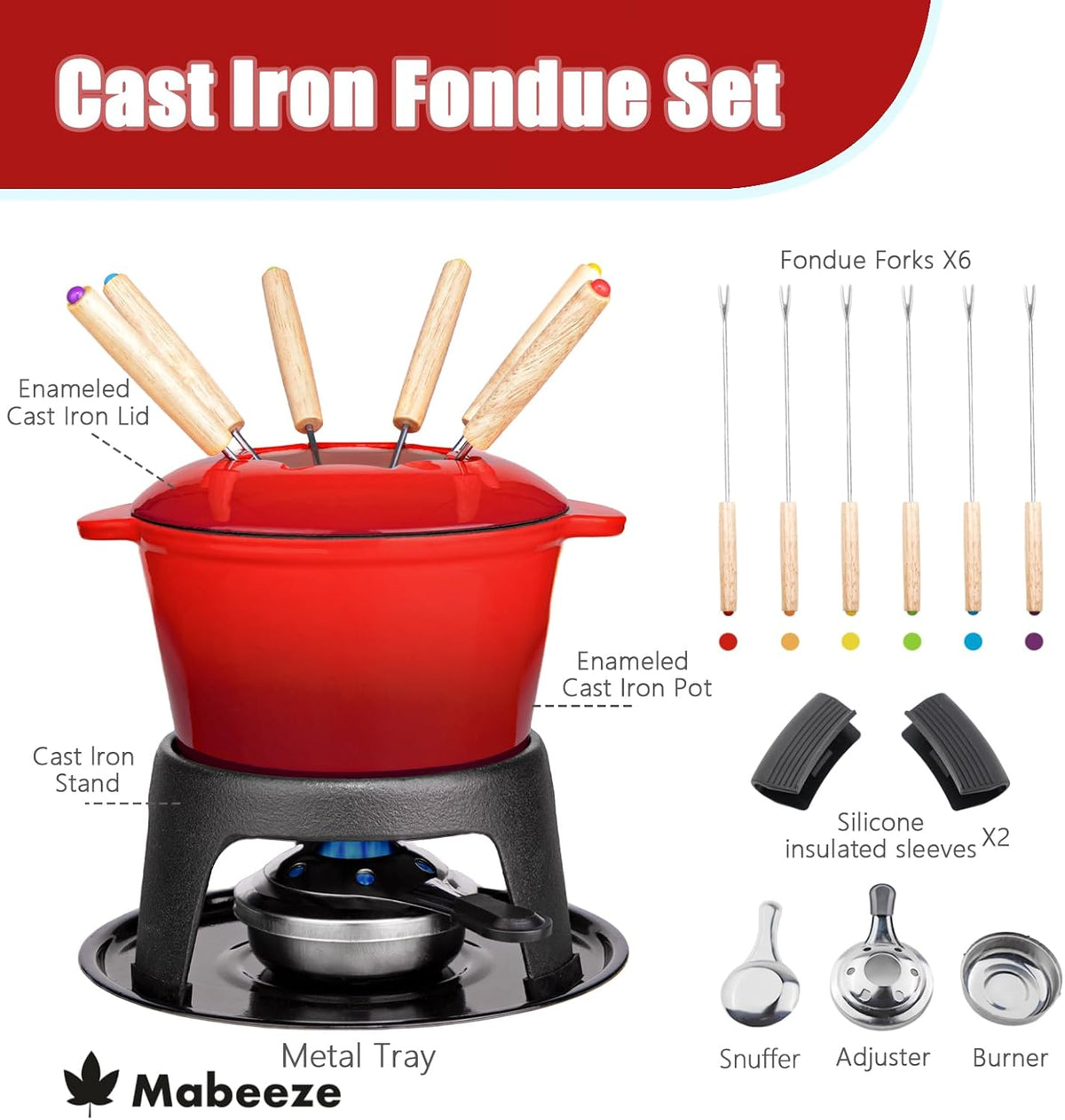 Mabeeze Cast Iron Fondue Pot Set for Cheese, Chocolate or Meat - Red Enameled 1.6 Qt Pot - Includes 6 Fondue Forks