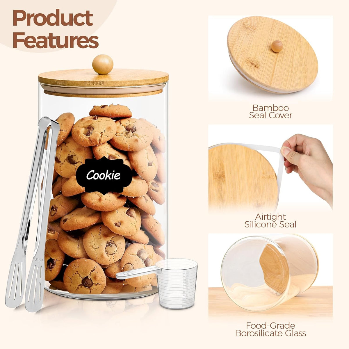 ComSaf 1 Gallon Glass Jar, 128 oz Flour Container, Large Glass Canister with Lid, Food Storage Pantry with Spoon and Clip for Sugar, Oat, Rice, Beans, Pasta, Coffee, Grain