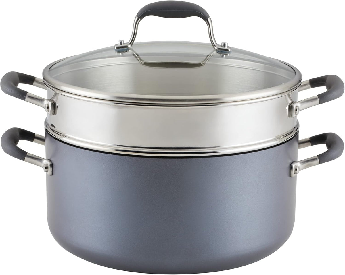 Anolon Advanced Home Hard Anodized Nonstick Wide Stockpot with Stainless Steel Steamer Insert and Glass Lid, 3 Piece Cookware Steamer Set, Moonstone