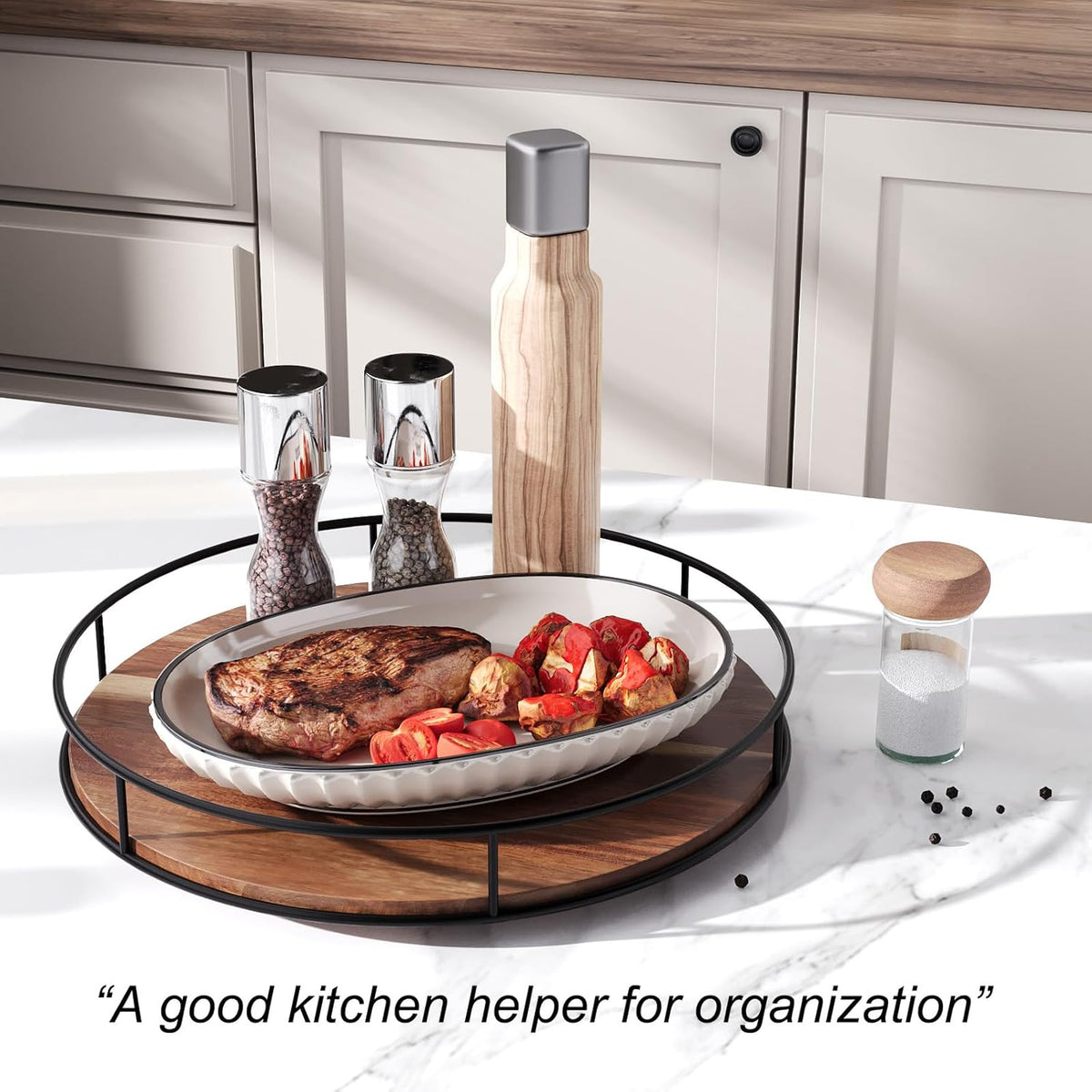 13 Inch Lazy Susan Organizer with Steel Frame for Kitchen,Acacia Wood Turntable for Cabinet,Pantry,Table,Pantry,Countertop,Refrigerator,Spice Rack