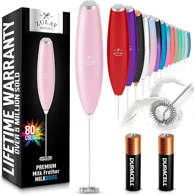 Zulay Kitchen Milk Frother Handheld Electric Whisk with AA Duracell Batteries – Durable Drink Mixer for Coffee, Lattes, Cappuccinos & More - Pink