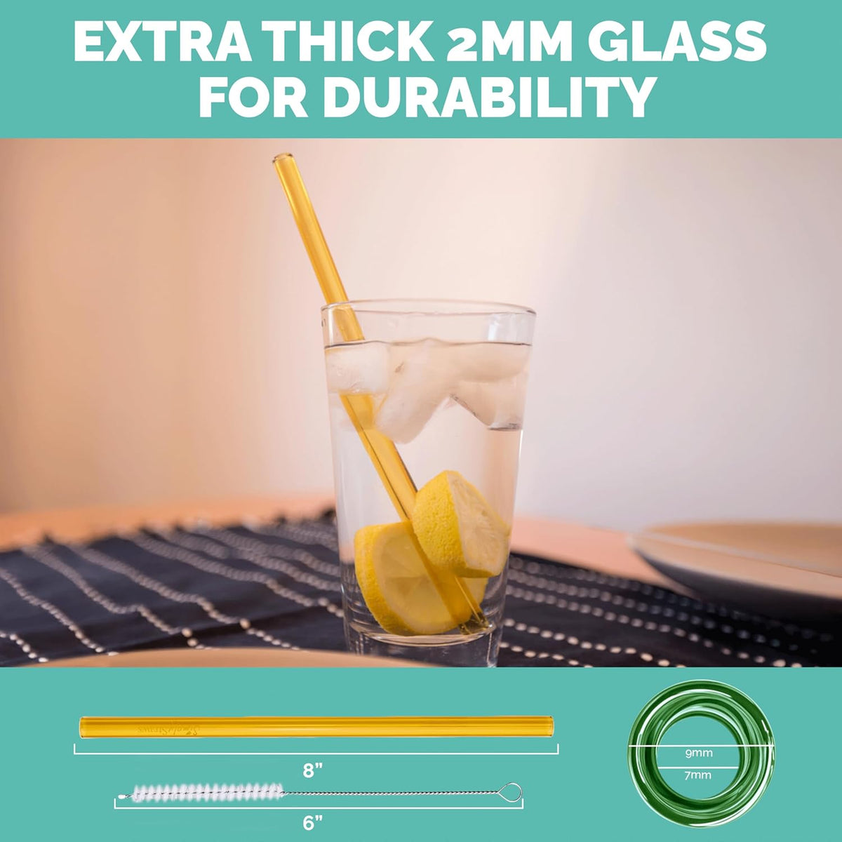 Simply Straws 8 Inch Glass Straws Straight (6-Pack) – Reusable Glass Straws for Pints & Juice Drinkware, with Cleaning Brush – Dishwasher Safe, Hot & Cold Use, BPA-Free (Iridium)
