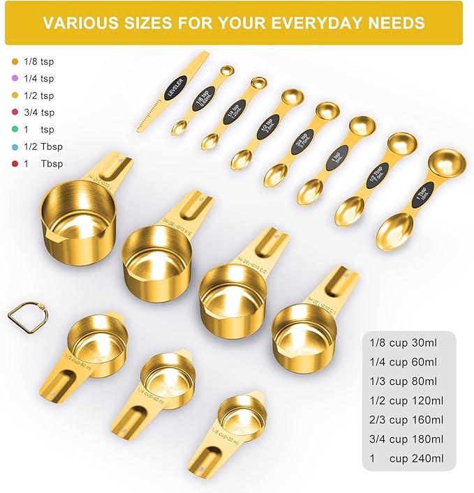Gold Measuring Cups and Spoons Set of 15, 18/8 Stainless Steel, Includes 7 Nesting Metal Measuring Cups,8 Magnetic Measuring Spoons set - Ideal Kitchen Gadgets for Cooking and Baking Needs