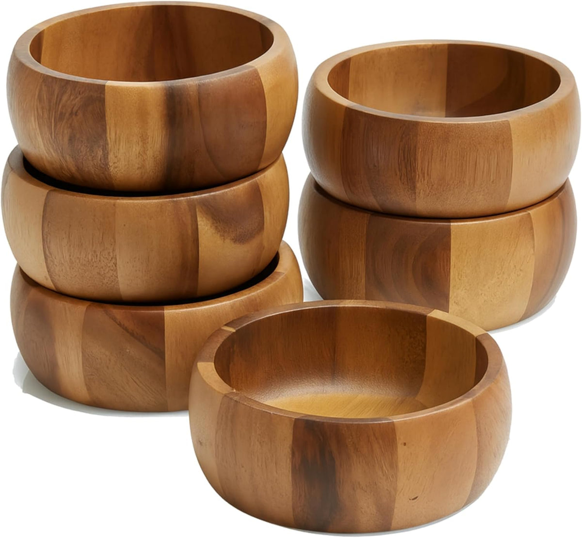 Woodard & Charles Set of 6 Acacia Wood Large Individual Salad Bowls, Snack Serving Bowls, 6 1/2" x 2 1/2"