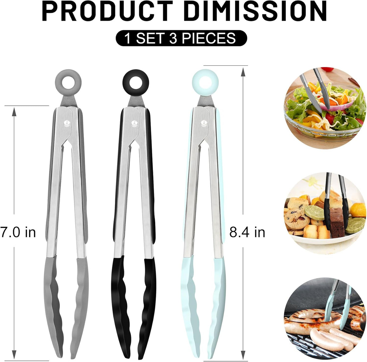 Hotec Mini Silicone Kitchen Tongs for Cooking - 7-Inch Small Serving Tongs with Silicone Tips, Set of 3 (Black,Grey,Light Blue)