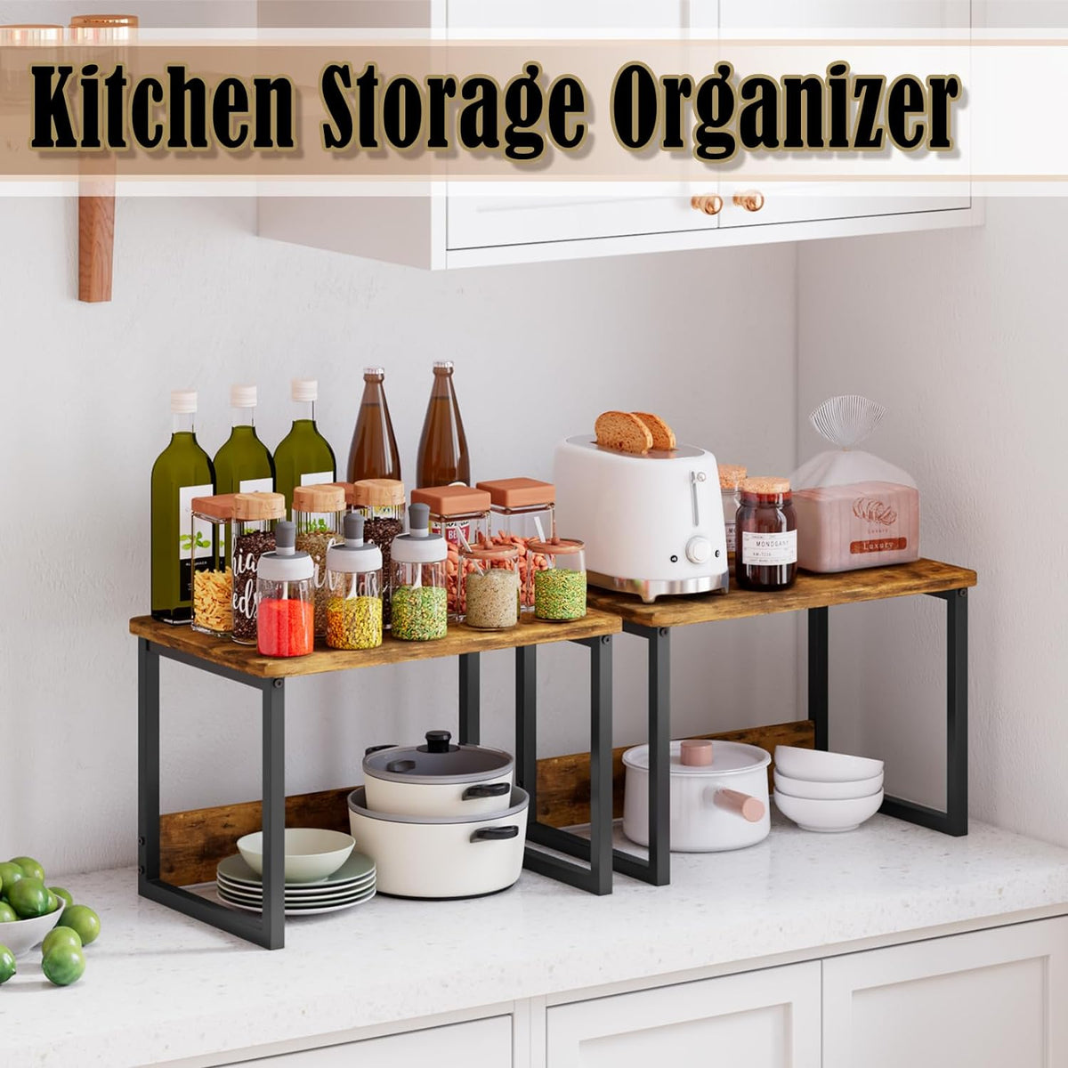 MARTY Kitchen Countertop Organizer Cabinet Shelf, 17x12.4 Large Spice Racks Counter Shelf Microwave Oven Rack Desktop Storage Organization for Kitchen, Office, Metal & Wood, Rustic Brown