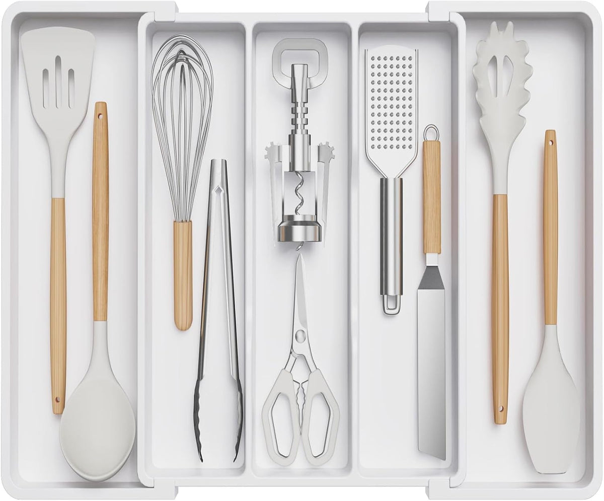 Lifewit Utensil Organizer for Kitchen Drawers, Expandable from 13‘’ to 22.4'', 15'' Depth, Plastic Cutlery Silverware Flatware Holder, Spatula Tools and Gadgets Storage, Large, White