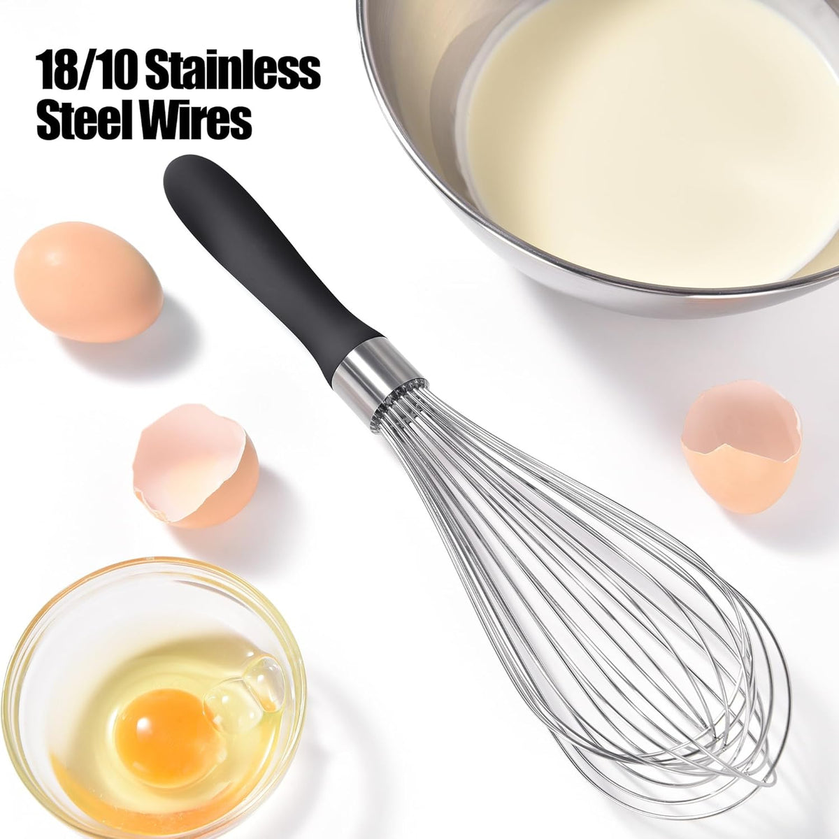18/8 Stainless Steel Balloon Whisk, Doosu Kitchen Whisk for Cooking Handheld Egg Beater with Rust-Proof Sturdy Wires & Non-Slip Silicone Handle for Beating, Stirring, Blending (12 Wires, Black)