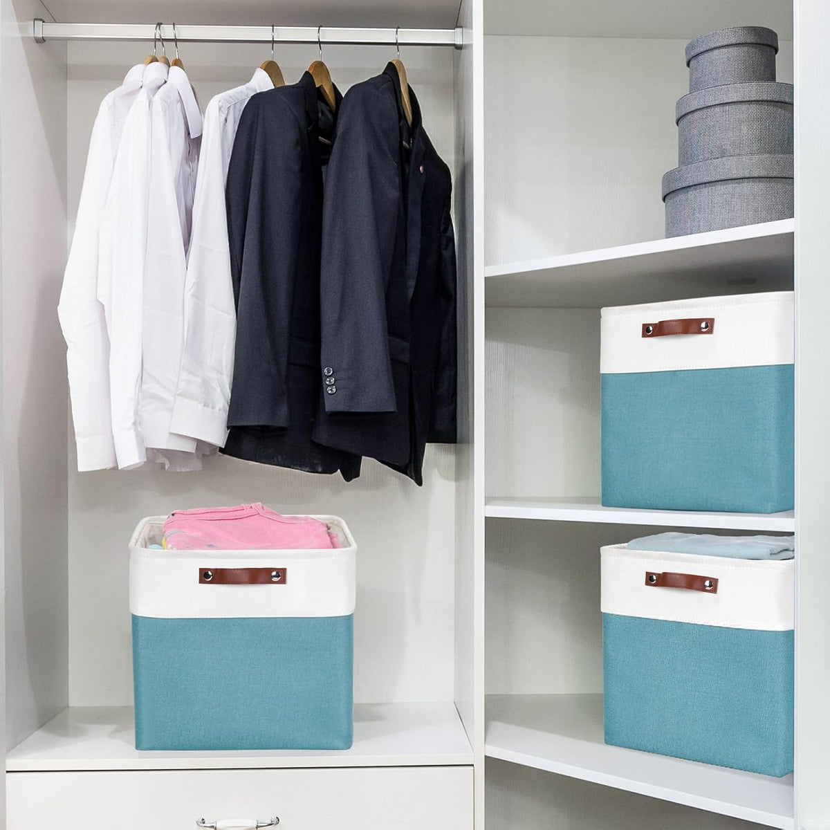 13x13 Cube Storage Bins, Collapsible Fabric Storage Box, 4 Pack Closet Baskets with Handles for Organizing, Shelf, Toys, Clothes, Home, Office, Nursery (Teal&White)