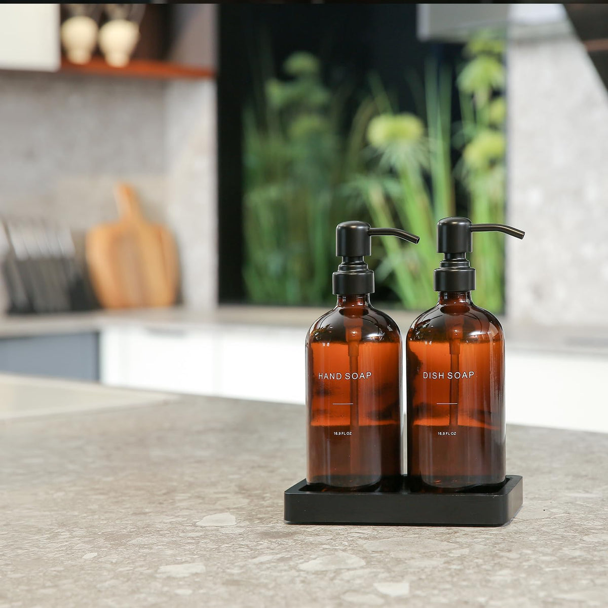 Amber Soap Dispenser Set, Soap Dispenser for Kitchen Sink with Black Stainless Steel Pump, Perfect for Kitchen Accessories Decor. (Amber)