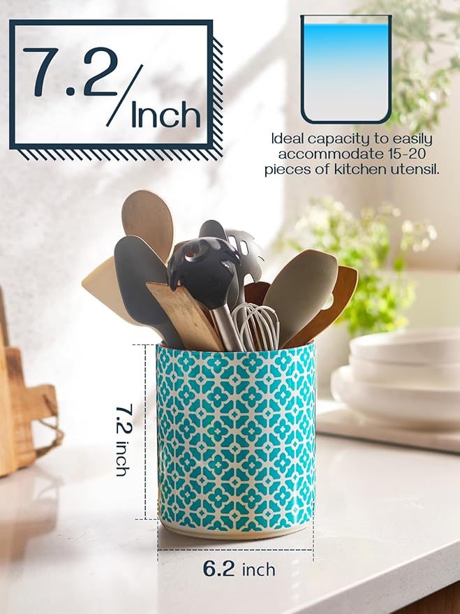 DOWAN Colorful Large Utensil Holder, 7.2" x 6.2" Ceramic Kitchen Utensil Holder for Countertop, Vibrant Patterned Utensil Crock with Protection Cork Mat, Utensil Caddy for Housewarming & Wedding Gift