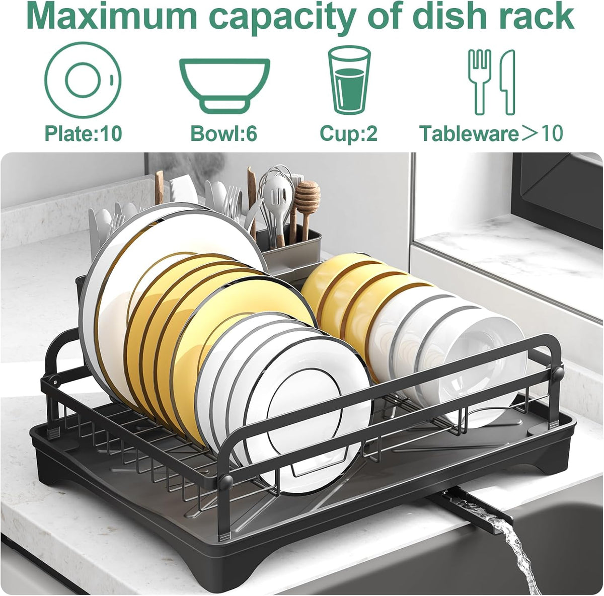Dish Drying Rack for Kitchen Counter, Large Dish Drying Rack with Utensil Holder & Cutlery Tray, Dish Drainer with Drainboard, Black