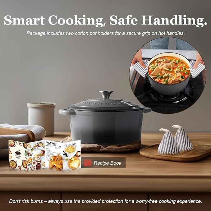Overmont Enameled Cast Iron Dutch Oven - 4.5QT Pot with Lid Cookbook & Cotton Potholders - Heavy-Duty Cookware for Braising, Stews, Roasting, Bread Baking grey