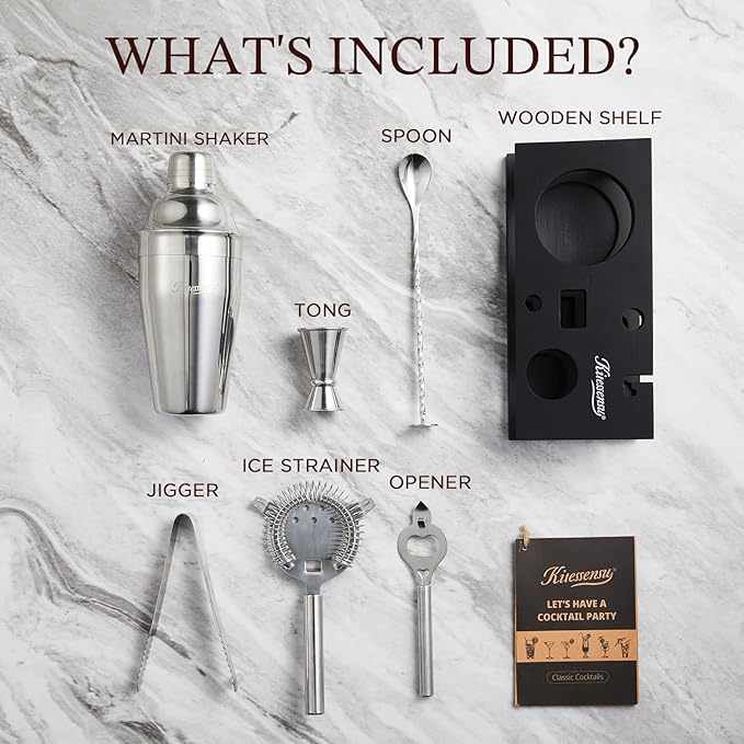 KITESSENSU Cocktail Shaker Set Bartender Kit, 6-Piece Silver Bar Set with Stand, Bar kit with Essential Bar Accessory Tools: Martini Shaker, Jigger, Strainer, Bar Spoon, Tongs, Opener