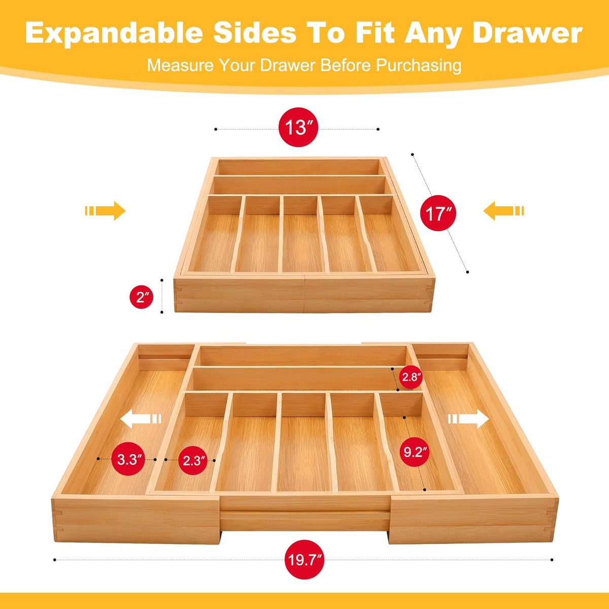Large Premium Bamboo Silverware Organizer - Expandable Drawer Organizer & Utensil Organizer - 17"x19.7" Cutlery Tray with Dividers for Kitchen Utensils and Flatware (7-9 Slots) (Natural)