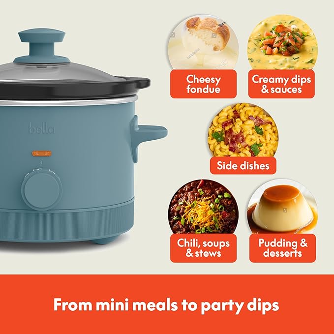 bella 1.5 Qt Slow Cooker with 3 Heat Manual Control, Ceramic Nonstick Coating, Dishwasher Safe Stoneware Pot and Tempered Glass Lid, Tangle Free Cord Wrap & Cool Touch Handles, Surf