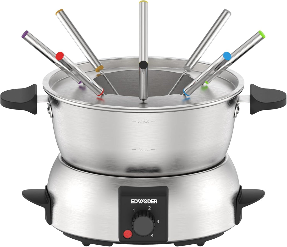 Electric Fondue Pot Set,2-Quart 1000-Watt Stainless Steel Fondue Maker with Temperature Control,8 Forks,Perfect for Chocolate, Cheese, Caramel