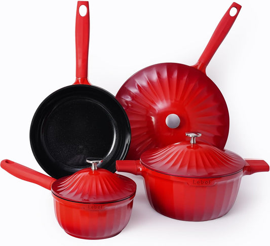 Nonstick Ceramic Cookware Set (7 Piece)–Titanium Cast Aluminum Pots and Pans Set with Lids, Non Toxic PFAS-Free Compatible with All Stovetops–Merlot Velvet