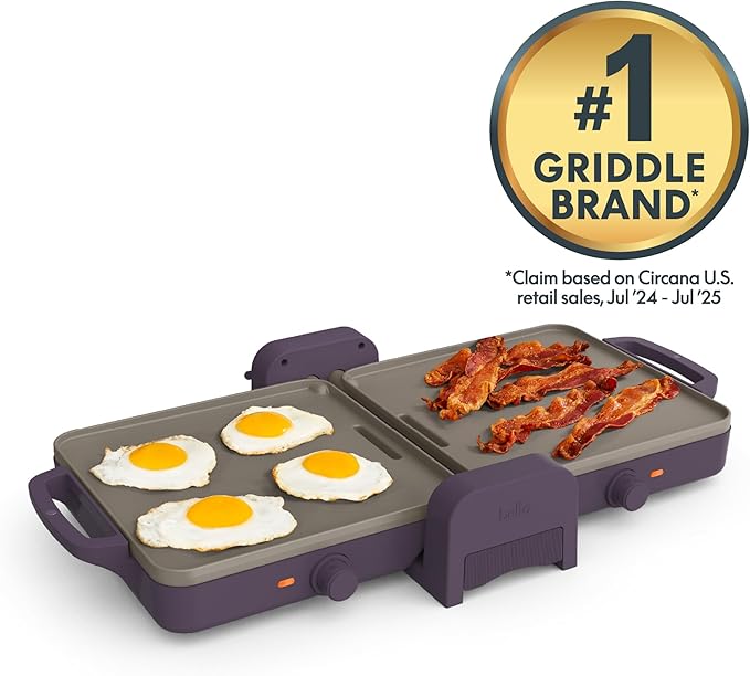 bella 10"x 20" Ceramic Fold-n-Store Dual Temp Griddle, Fits-anywhere Kitchenware, EverGood Ceramic Nonstick Coating, 2 Temperature Zones up to 400°F, Dishwasher Safe Drip Tray, 1500 Watt, Plum