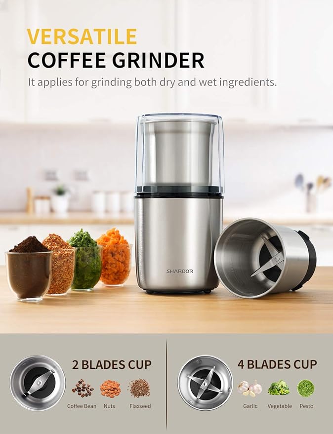SHARDOR Electric Coffee Grinder Herb Blade Grinder Spices Grinder with 2 Removable Stainless Steel Bowls, Silver