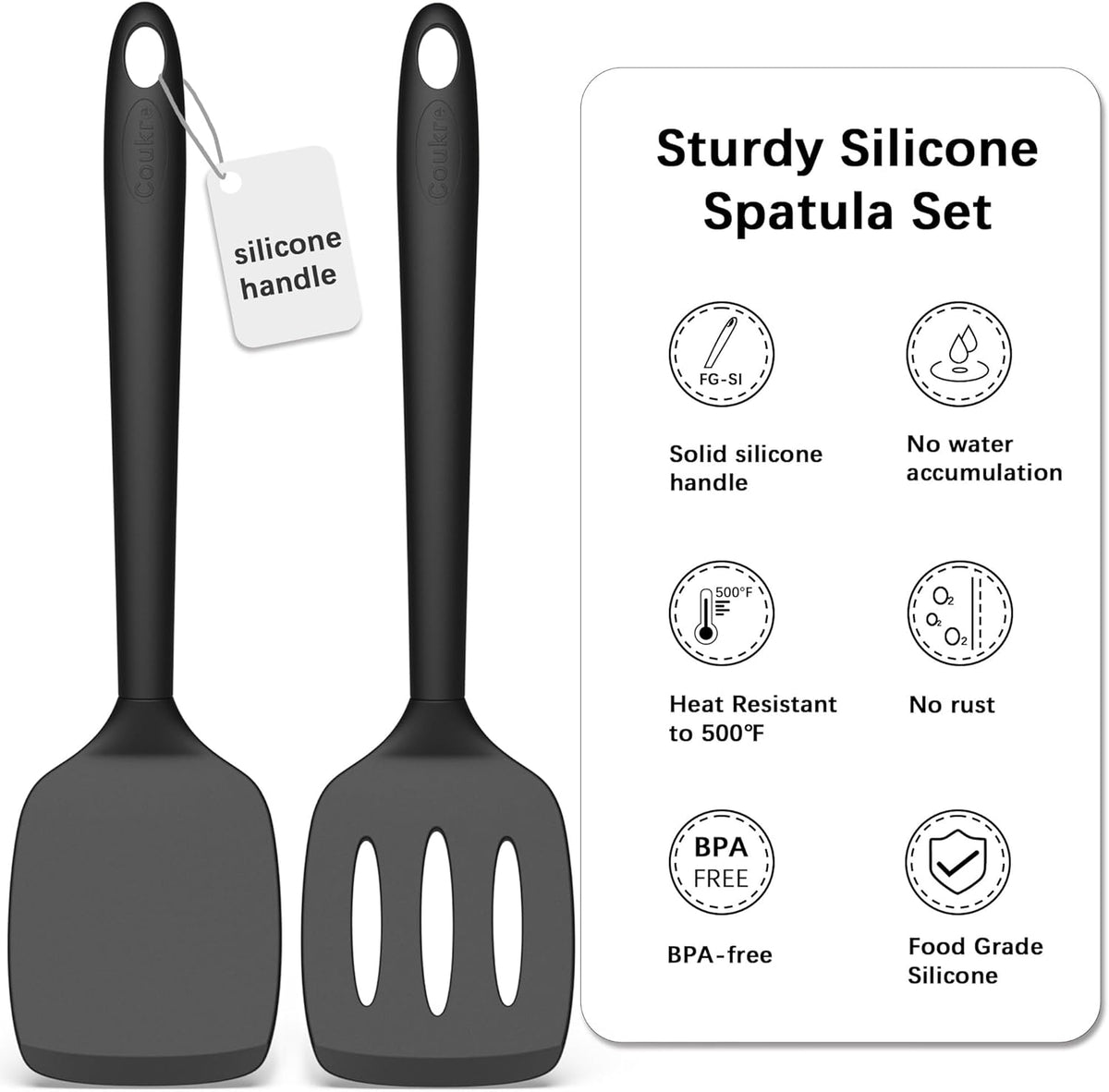 Coukre 2 Pack Silicone Spatula Set, High Heat Resistant, BPA Free Kitchen Spatula, Solid & Slotted Turner for Non-Stick Pans, Sautéing, and Flipping (2, PureBlack)