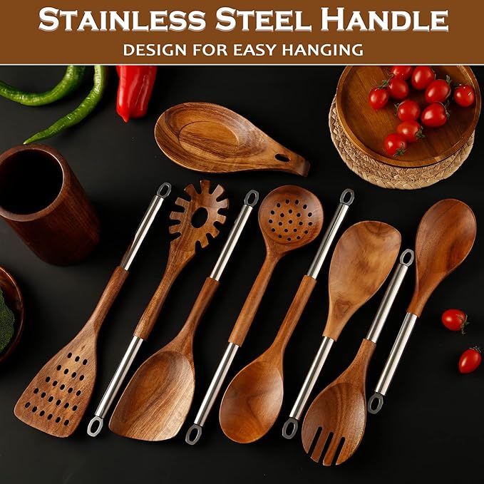 10PCS Wooden Spoons for Cooking, Spoons and Spatula Non Stick Set with Stainless Steel Handle, Teak Wooden Utensils Set with Holder & Spoon Rest, Kitchen Utensils for Non-Stick Cookware