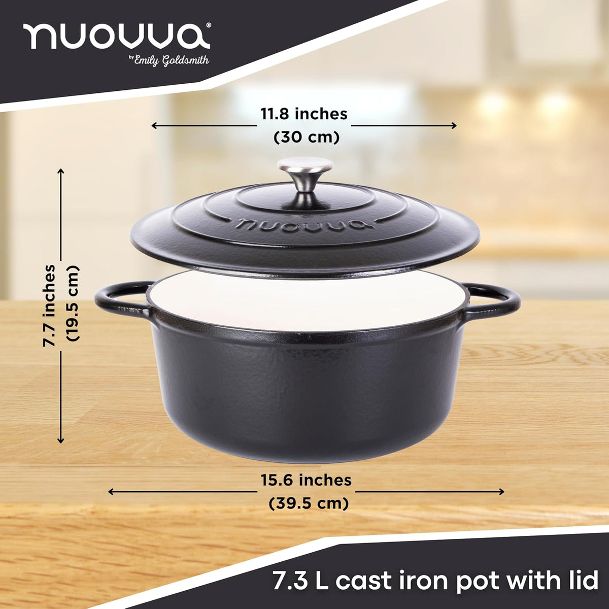 Cast Iron Dutch Oven with Lid – Non-Stick Ovenproof Enamelled Casserole Pot – Sturdy Dutch Oven Cookware – Black, 7.3-Quart, 30cm – by Nuovva