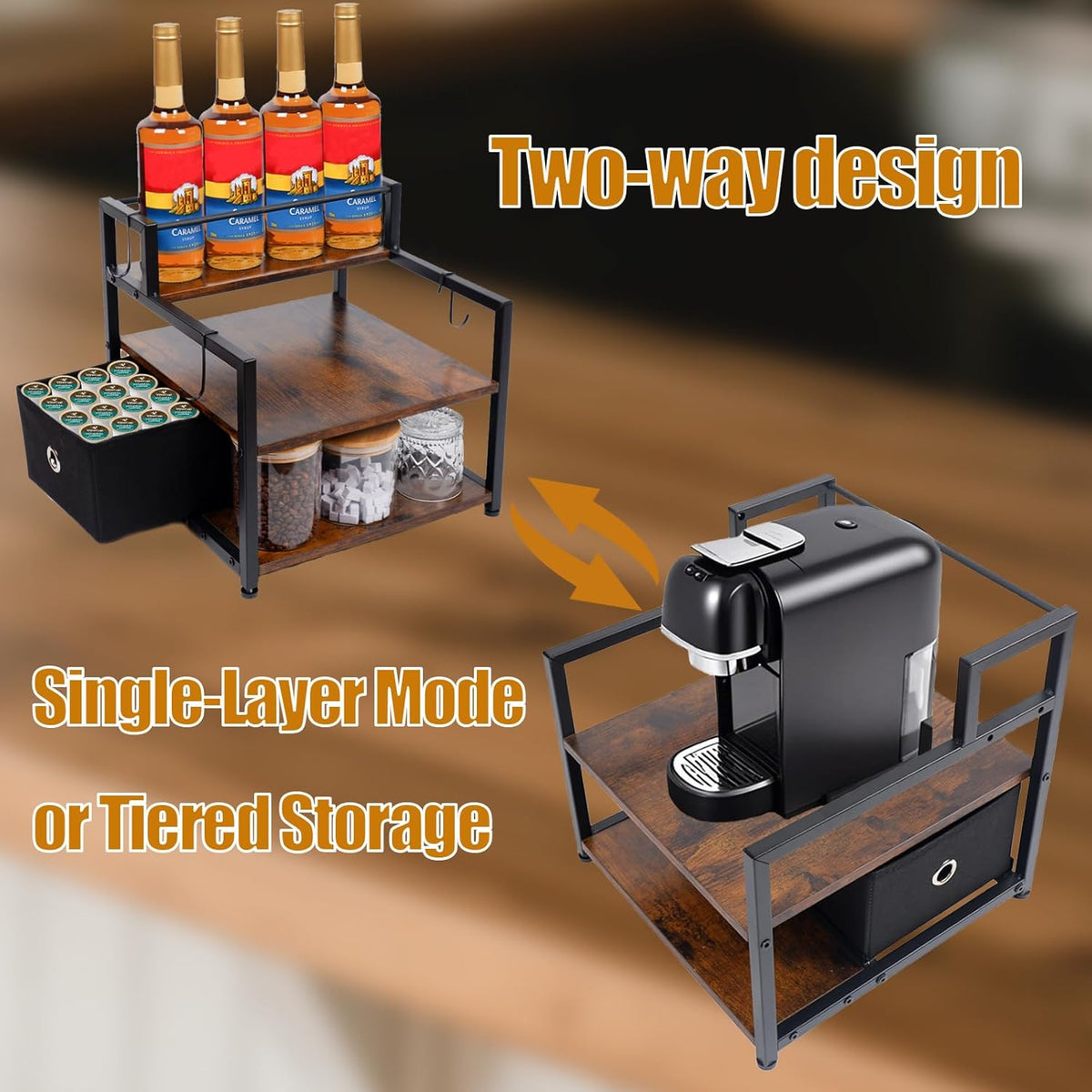 3-Tier Coffee Syrup Organizer (12 Bottles Capacity), Stepped Design Syrup Rack with Fabric Drawer, Liquor Bottle Display Shelf, Bottle Holder for Liquor, Coffee, Spice, Syrup