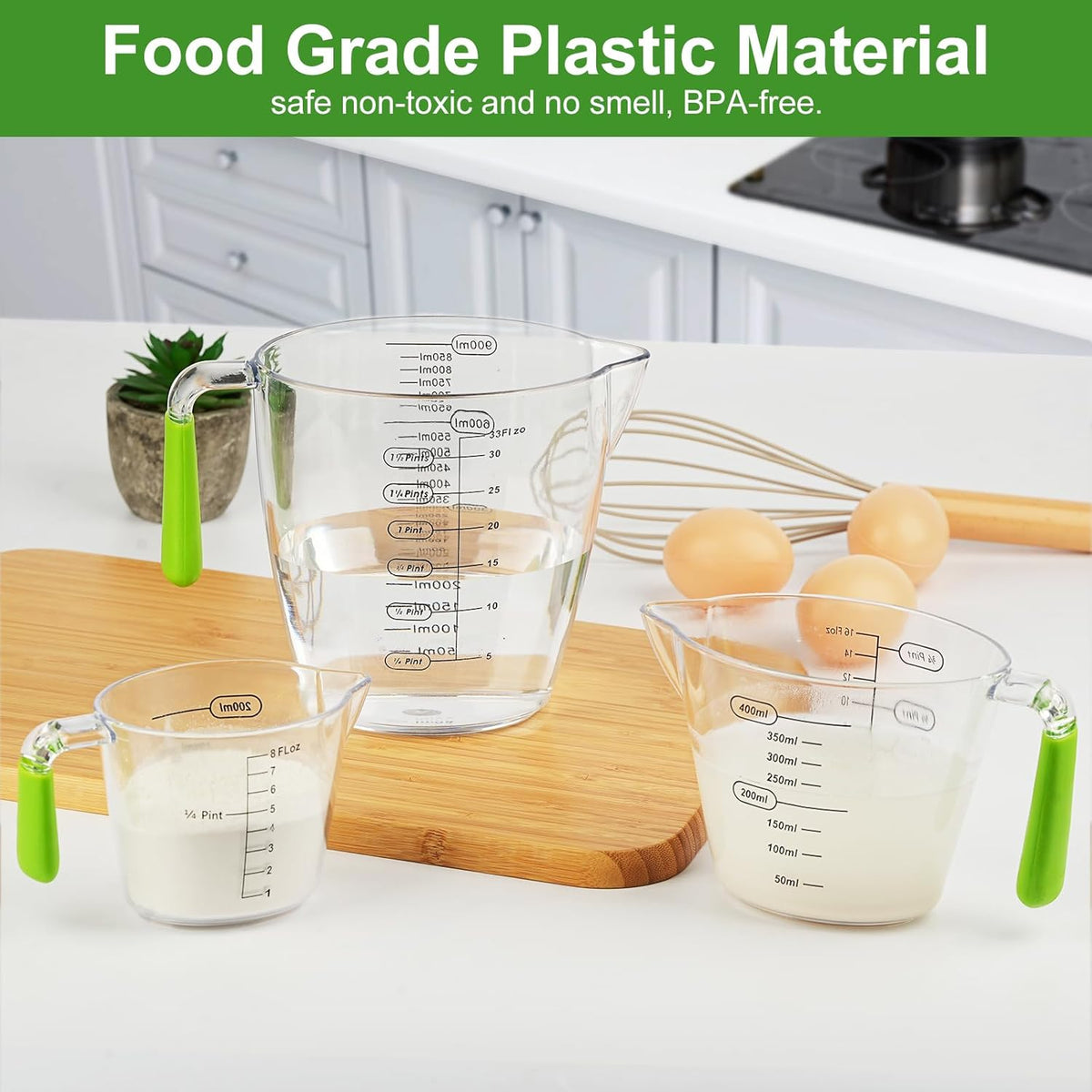 Plastic Measuring Cups Set, 3Pcs BPA Free Stackable Clear Measuring Cup with Spout and Angled Grip Handle, Includes 1 Pint, Oz, ML Measurement for Kitchen Cooking