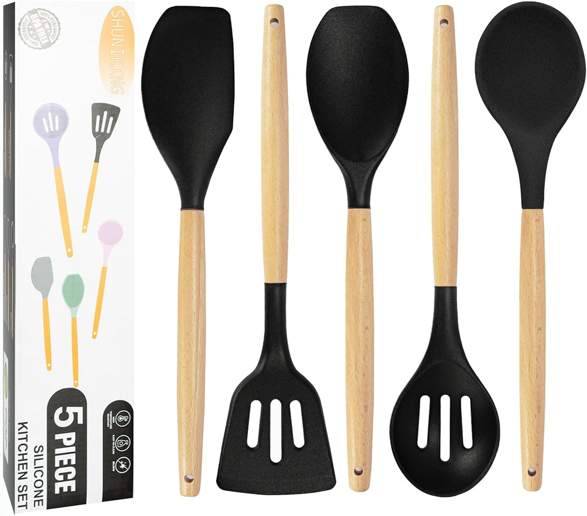 Non-Stick Silicone Cooking Utensils Set, 5 Pcs with Wooden Handle, Heat Resistant Silicone Kitchen Gadgets (Black)