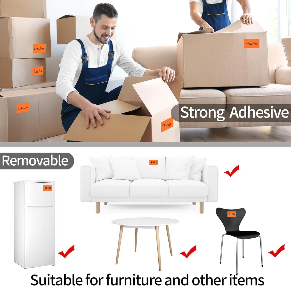 STARLIBOO Removable Colored Labels Stickers, 3X5 Inch Removable Large Label Stickers for Moving Boxes and Storage Bins- Waterproof- Tear Resistant (Orange)