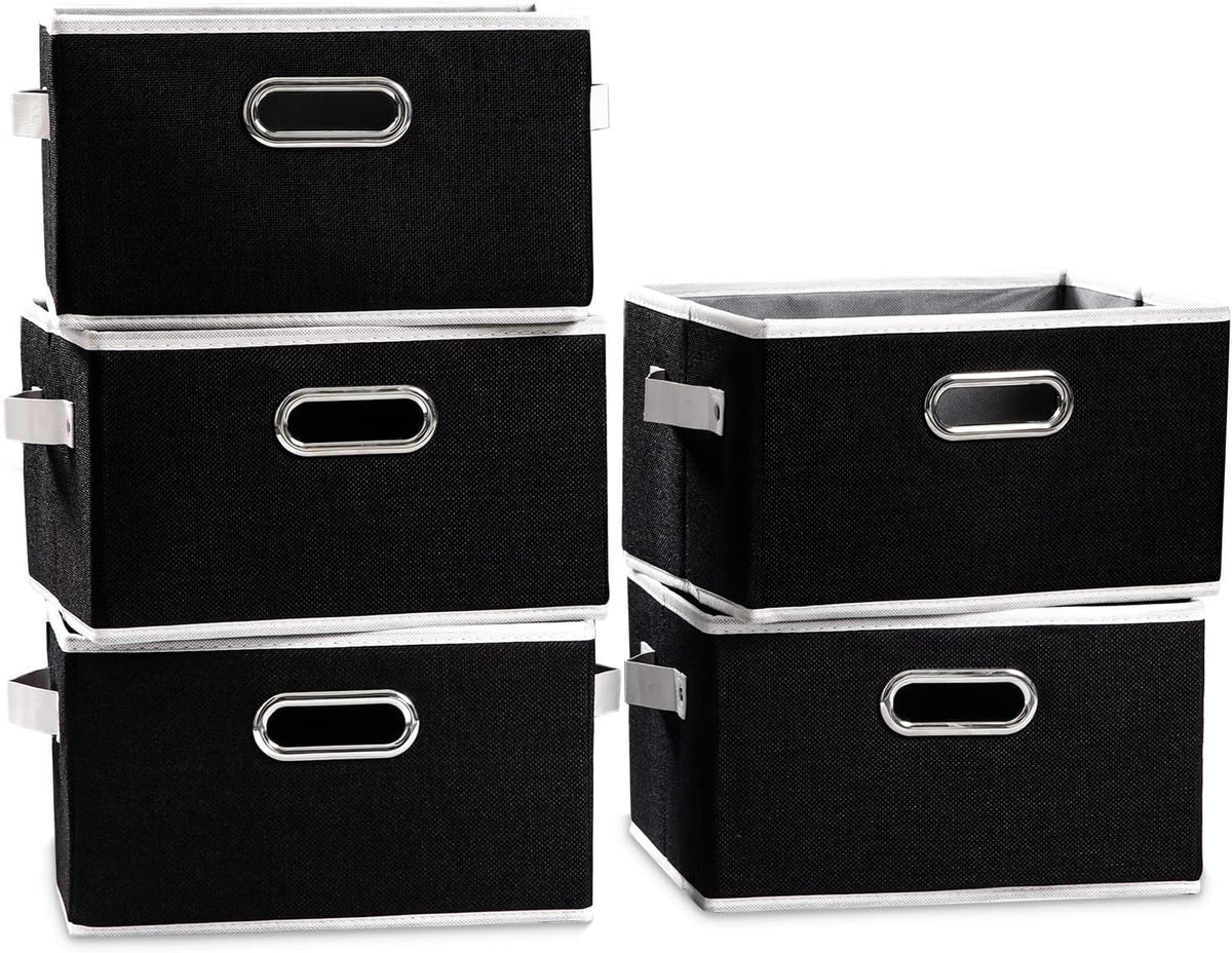 PRANDOM Fodable Storage Baskets for Closet [5-Pack] Decorative Fabric Storage Bins Cubes with Leather/Metal Handles for Shelves Bedroom Living Room Black (11.5x8.5x6.7 Inch)