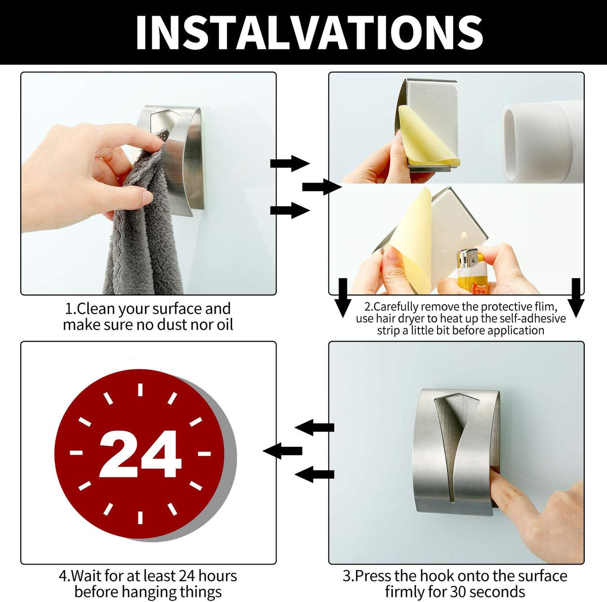 Boao 4 Pcs Self Adhesive Towel Hook Holder Grabber Stainless Steel Kitchen Dish Towel Hook Wall Mount Non Drilling Hangers Rack Hand Tea Holders for Bathroom Accesories Kitchen Gadgets (Silver)