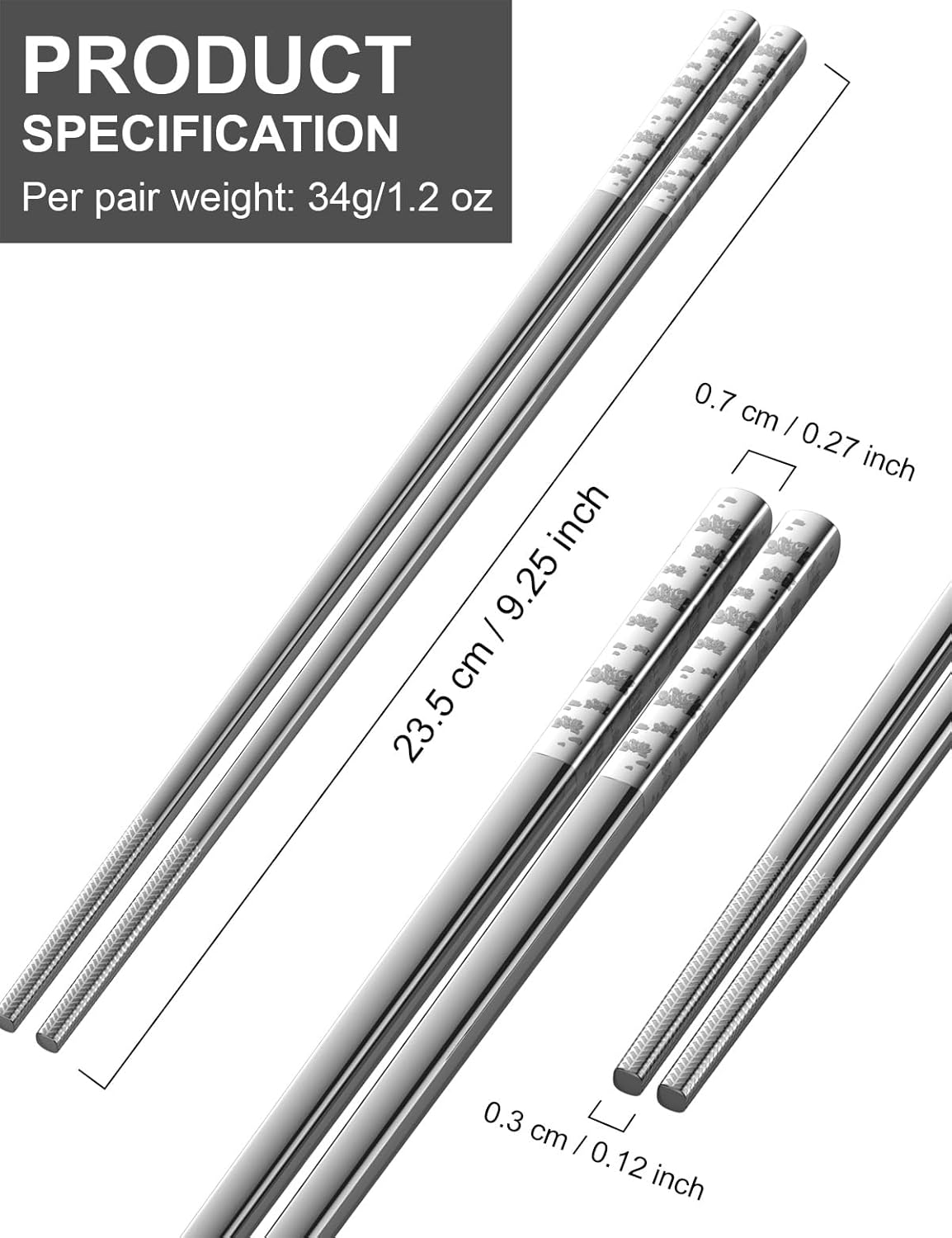 Metal Chopsticks Reusable 18/8 stainless steel Chopsticks 5 Pairs Classic Floral Dishwasher Safe Lightweight Non-Slip Chop Sticks 9 1/4 Inches Present Set