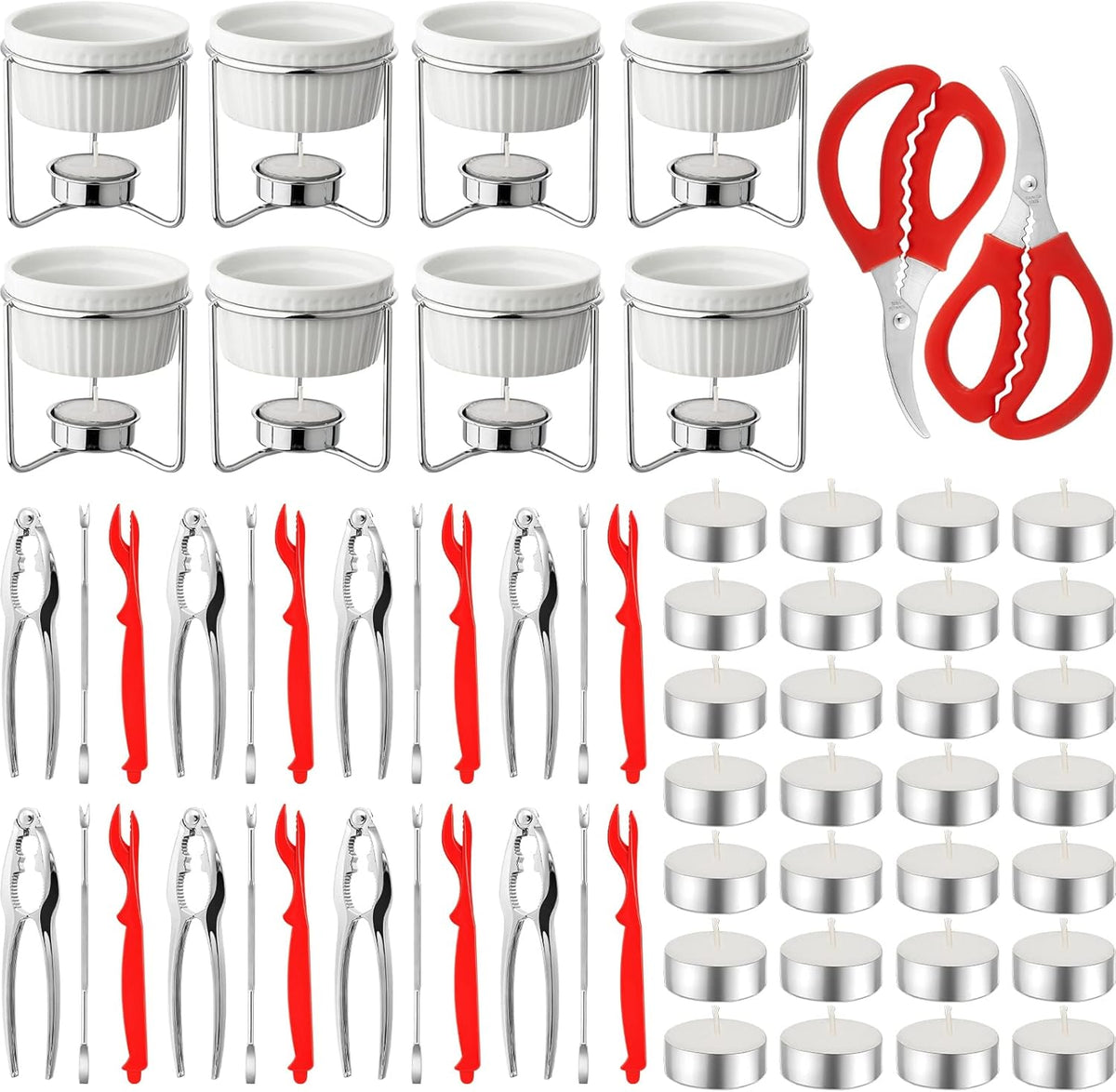 62 Pcs Crab Lobster Crackers and Picks Seafood Tools Set Includes 8 Butter Warmers, 8 Crab Leg Crackers and Forks, 2 Seafood Scissors, 8 Lobster Shellers, 28 Tealight Candles