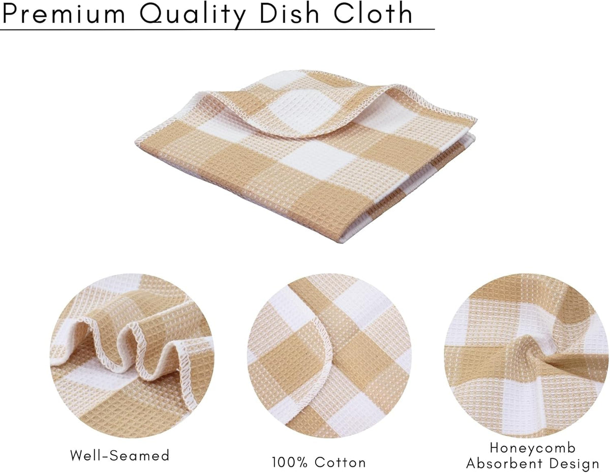 PurpleEssences Waffle Weave Plaid Dish Cloths, 100% Cotton - 12 x 12 Inches, Ultra Soft Absorbent Quick Drying Dish Towels Buffalo Check Dish Rags for Kitchen, 8 Pack - Spring Summer - Beige & White