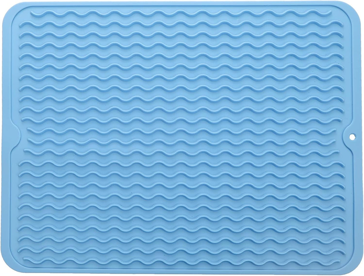 Silicone Dish Drying Mat for Multiple Usage,Easy clean,Eco-friendly,Heat-resistant Silicone Mat for Kitchen Counter or Sink,Refrigerator or drawer liner Light Blue L 16 inches x 12 inches