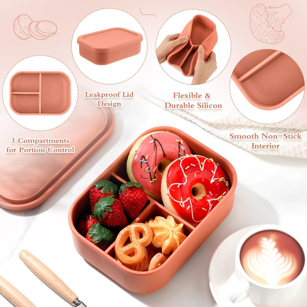 Honeydak 4 Pcs Silicone Bento Lunch Box 3 Compartment Reusable Leakproof Silicone Bento Lunch Container for Adults Microwave Dishwasher Freezer Safe(Orange)