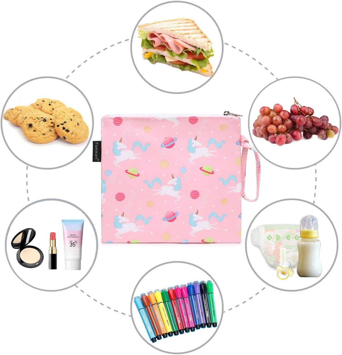 Reusable Sandwich Bag/Snack Bag for Kids & Adults, Dual Layer Lunch Bag with Handle, Washable, Food Safe, BPA Free (1-Pack, Planet Unicorn)