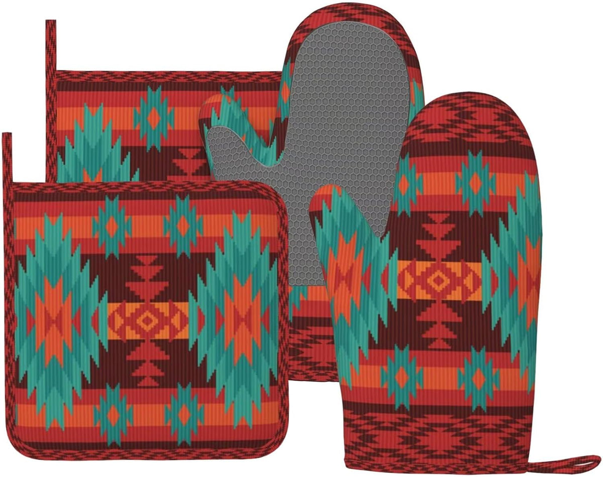 Geometric Ethnic Tribal Oven Mitts and Pot Holders Set of 4 Silicone Native American Kitchen Mitten Gloves and Aztec Western Potholders Set Heat Resistant Oven Gloves Hot Holders for Kitchen