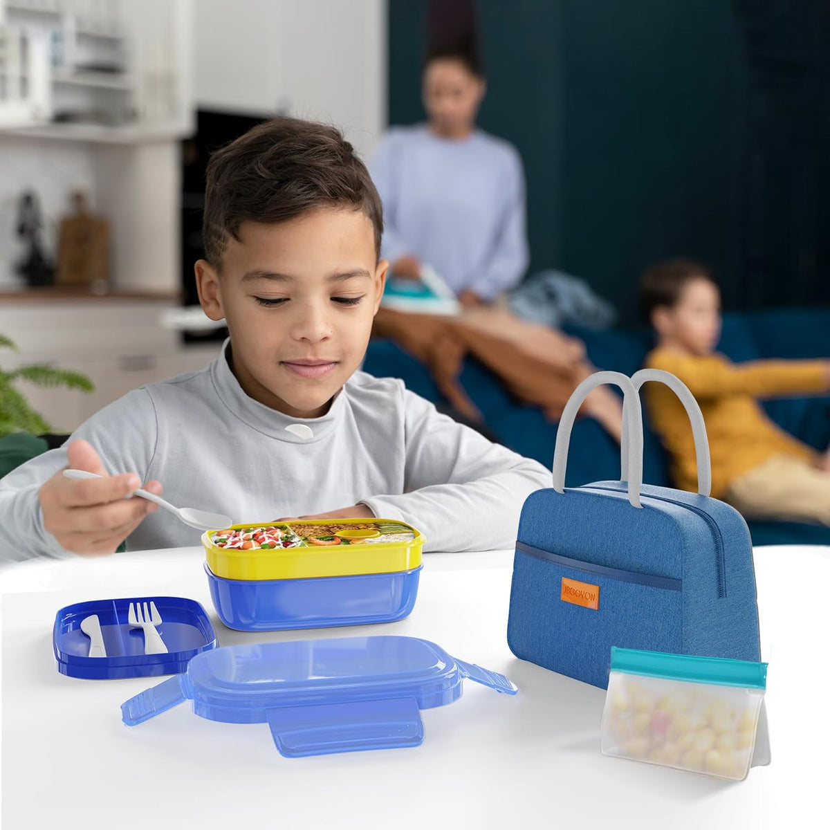 JBGOYON® Blue Bento Lunch Box Set - 3 Stackable Containers for Adults and Kids - Includes Lunch Bag, Leak-Proof and BPA-Free - Built-in Utensil Set and Snack Bag - Dishwasher Safe