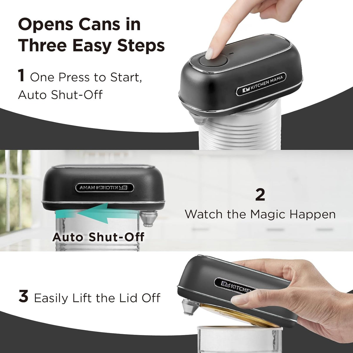 Kitchen Mama Orbit One Rechargeable Electric Can Opener: Hands-free, USB-C Charging, Automatic Stop, Smooth Edge, Safety, Blade for Large Cans, Heavy Duty, Soda and Pop Can, with Storage Box (Black)