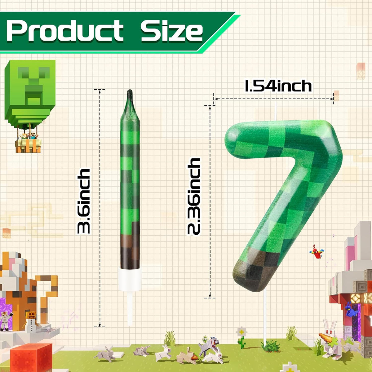 13 Pcs Dynamite Themed Birthday Cake Candles & Number 7 Candle Topper for Pixel Theme Birthday Party
