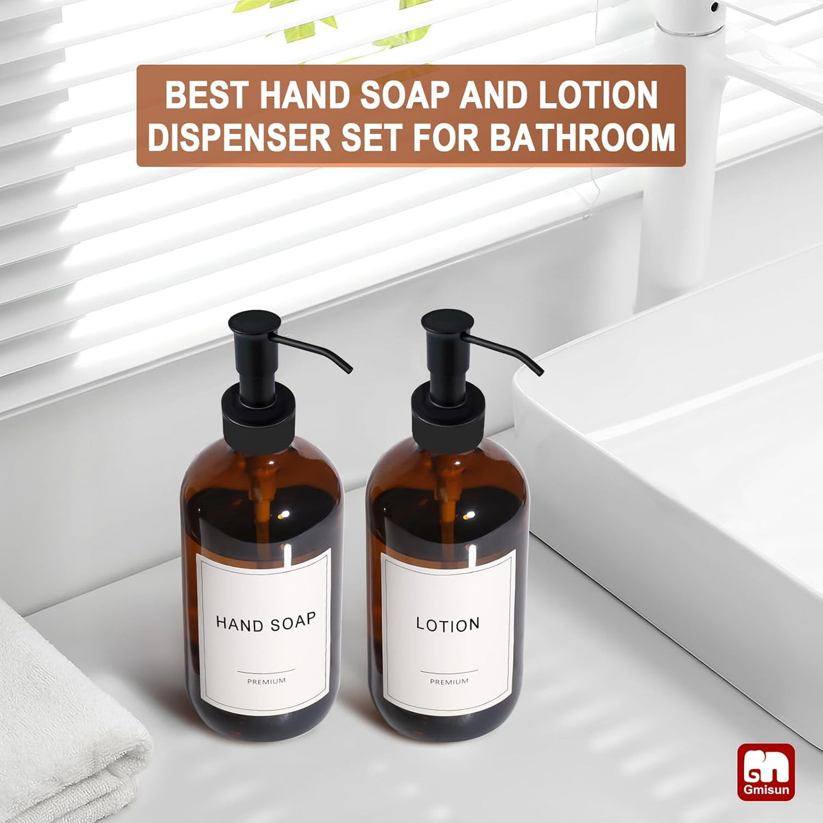 GMISUN Amber Glass Soap Dispenser, 2 Pack Bathroom Hand Soap Dispensers with Stainless Steel Pump, 17 Fl Oz Kitchen Hand and Dish Soap Dispenser Set, Modern Vintage Liquid Brown Soap Dispensers Bottle