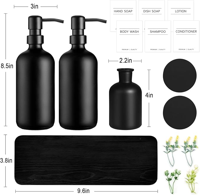 Dish Soap Dispenser for Kitchen, Black Hand Soap Dispenser with Stainless Steel Pump, Kitchen Soap Dispenser Set with Wood Riser Tray, Matte Black Bathroom Soap Dispenser Set Bathroom Decor
