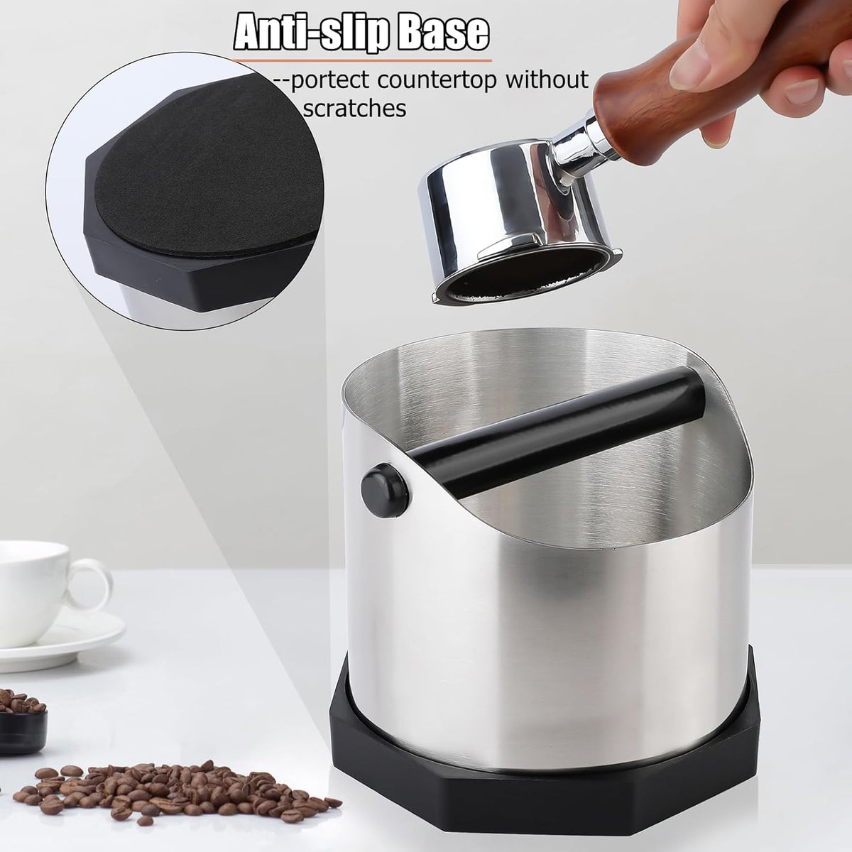 Coffee Knock Box, Large Capacity Espresso Knock Box with Non-Slip Base, Coffee Measuring Cup,Coffee Puck Knock Box Stainless Steel for Espresso Machine Coffee Grounds (Silver)