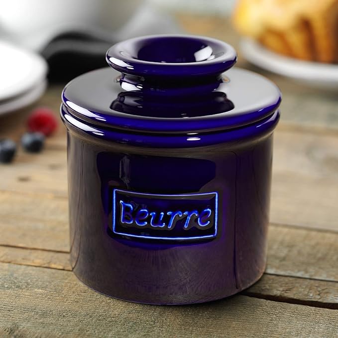 Butter Bell - The Original Butter Bell crock by L Tremain, a Countertop French Ceramic Butter Dish Keeper for Spreadable Butter, Café Retro Collection, Cobalt Blue, Glossy Finish